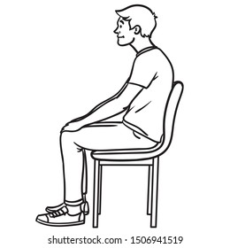 A young man is sitting chair and round back  comic illustration  side view  monochrome  back pain 
