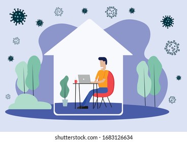 Young Man Sitting on a Chair Using Laptop Working at Home to Protect Himself From Corona Virus or Covid-19