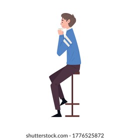 Young Man Sitting on Chair at Bar Drinking Coffee and Relaxing Vector Illustration