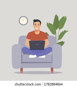 Young Man Sitting On The Chair At Home Interior And Working With Laptop. Vector Flat Illustration