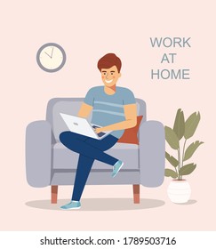 Young  man sitting on the chair  and working with laptop. Vector flat illustration