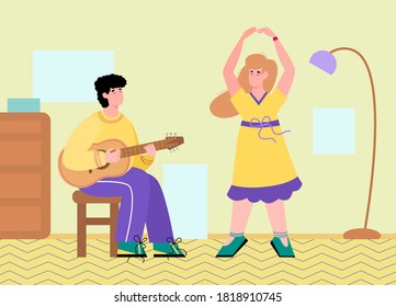 Joven sentado en una silla con guitarra y una mujer bailando a su lado. El tipo haciendo su hobby favorito tocando música, ilustración vectorial de dibujos planos