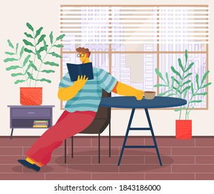 Young man sitting on chair and reading book vector illustration living room or office place to relax interior. Male reader smiling student character in armchair resting with a book and a cup of coffee