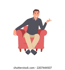 Young man sitting on the chair and pointing on something by hand. A man in casual clothes at home. Character sitting on the stool talking to someone making hand gestures. Flat vector illustration