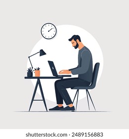 a young man sitting on chair and doing his work on laptop