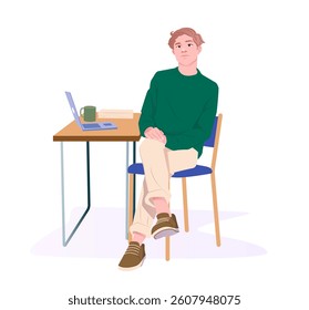 Young man sitting on chair near desk with laptop, coffee mug, and books, flat cartoon style on white background. Concept of remote work or study. Vector illustration