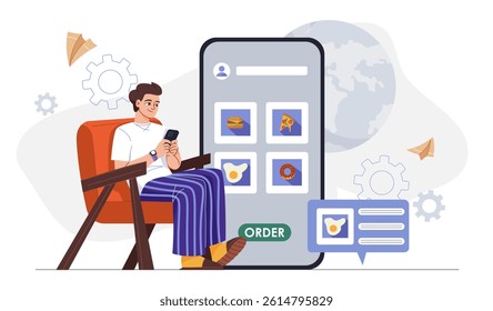 Young man sitting on chair using smartphone to order food online with large mobile interface showing menu icons, flat style, white tech-themed background. Vector illustration