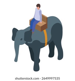 Jovem está sentado em uma cadeira na parte de trás de um elefante