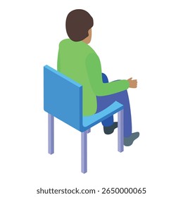 Young man is sitting on a chair, seen from the back, in an isometric vector style