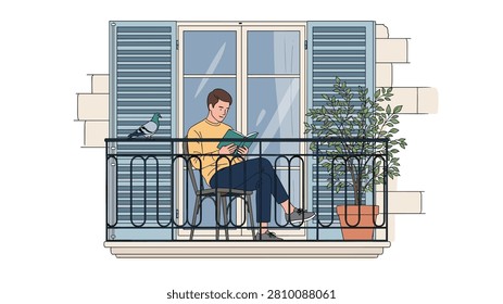 Young man sitting on a chair reading a book on a classic balcony with blue shutters and a small tree in a clay pot.