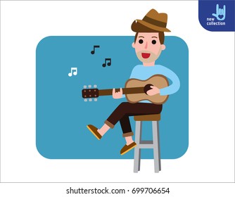 young man sitting on chair playing guitar and sings a song.
Vector flat style cartoon character people design illustration
Isolated on white background.