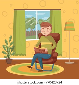 Young man sitting on the chair and reading a book, room interior vintage style home vector Illustration