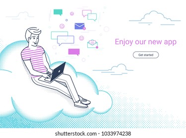 Young man sitting on the cloud in the sky and working with laptop, reading messages, email and news. Concept line vector illustration of social networks and texting via cloud storage and sync services