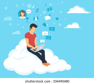 Young man sitting on the cloud in the sky and working with laptop. Flat modern illustration of social networking and texting to friends