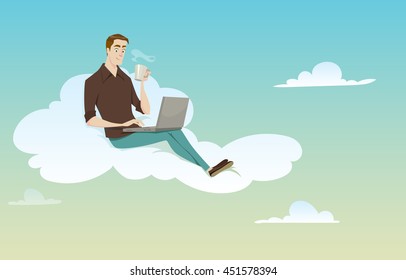 Young man sitting on the cloud using his computer on sunny weather in coffee break.