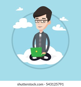 Young man sitting on a cloud with laptop on his knees. Caucasian man using cloud computing technology. Concept of cloud computing. Vector flat design illustration in the circle isolated on background.