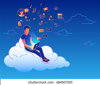 Young man sitting on the cloud in the sky and working with laptop. Gradient line vector illustration of social networking, searching news, sending email and texting to friends