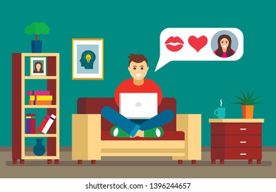 young man sitting on the couch with a laptop in online love correspondence. The concept of online dating, dating, blindfold and valentine day. vector illustration
