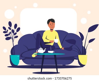 A young man sitting on a couch drinks tea from a mug. Flat vector illustration.