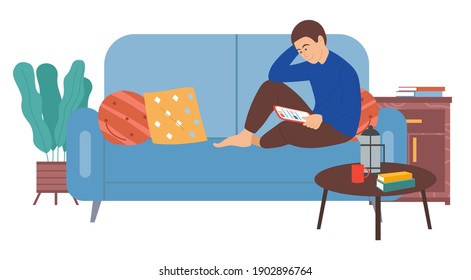 Young man sitting on the couch with a tablet. The guy working with electronic equipment in his hands. Male character studying statistics on his tablet flat vector illustration. Person doing homework