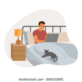 Young man sitting on the couch with laptops. Interior space bedroom. Сat is lying on the bed. Vector flat cartoon illustration