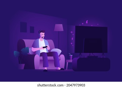 Young man sitting on the couch and playing video games on game console. Gaming night. Home leisure. Vector illustration.