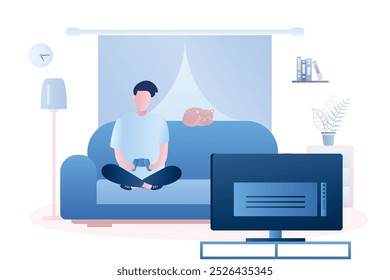 Young man is sitting on the couch. Male is holding a controller and playing a video game on TV. Living room interior with furniture. Teen character in trendy style. Vector illustration