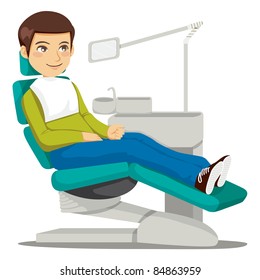 Young man sitting on the dentist chair waiting the doctor.  Male patient cartoon character 