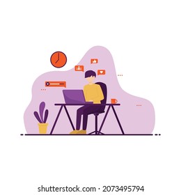 Young man sitting on a desk and working for sosial media. Vector image illustration for your web design, ui, etc.eps