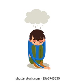 Young man sitting on floor with gray cloud of sad thoughts. Vector cartoon character in depression. Illustration of emotional condition.