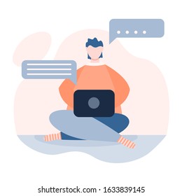 young man sitting on the floor with a laptop, correspondence with customers, web illustration
