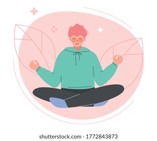 Young Man Sitting on Floor with his Legs Crossed and Meditating Flat Style Vector Illustration