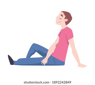 Young Man Sitting on Floor and Resting, Relaxed Person Character Cartoon Style Vector Illustration