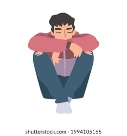 Young Man Sitting on Floor with her Knees Up Cartoon Vector Illustration
