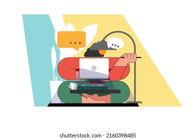 Young man sitting on floor holding books using laptop. Male working on computer under lamp at home. Freelance, online education or social media concept. Vector illustration isolated on colorful wall