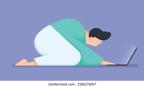 Joven sentado en el piso viendo la pantalla del ordenador portátil. concepto de ver video o película. ilustración vectorial