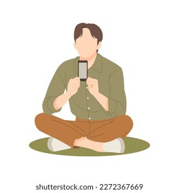 young man sitting on floor with crossed legs carry mobile illustration