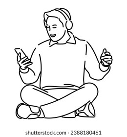 Young man sitting on the floor listening music with headphone using smartphone line art Vector illustration