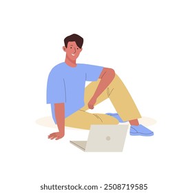 Hombre joven sentado en el suelo usando la computadora portátil para el trabajo o el estudio. Freelance, concepto de educación en línea. Ilustración vectorial de diseño plano de dibujos animados