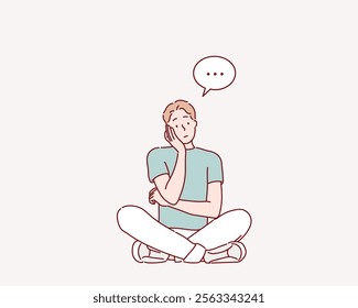 Young man sitting on the floor thinking. Hand drawn style vector design illustrations.	