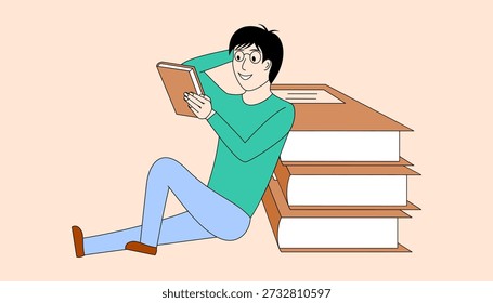 Un hombre joven está sentado en el suelo con un libro en su regazo. Está sonriendo y disfrutando de su lectura. Concepto de relajación y ocio, ya que el hombre se está tomando el tiempo para leer y relajarse