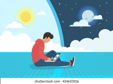 Young man sitting on the floor and working with laptop day and night. Flat concept modern illustration of nonstop social networking, searching and sending email and working as programmer or designer