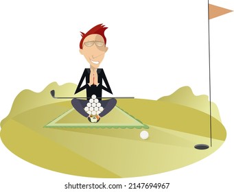 Young man sitting on the golf course.
Funny young man with a golf club and many balls meditates on the golf course
