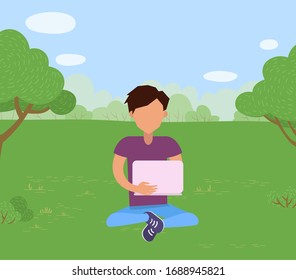 Young man sitting on grass with crossed legs in park and working with laptop on fresh air. Male freelancer character outdoors with computer vector illustration