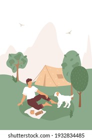 Young man sitting on the grass and playing with dog. Tent in forest. Camping, weekend, picnic concept. Vector illustration with hills silhouette and copy space. Textured abstract trees. Characters.