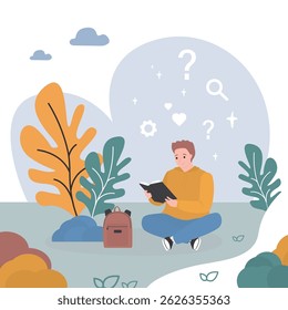 Young man sitting on grass in park and reading an interesting book. Happy guy relaxes or studies outside in nature. Bookworm, male character in the summer park with book. flat vector illustration