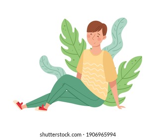 Young Man Sitting on the Ground with Floral Leaves Behind Vector Illustration