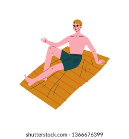 Young Man Sitting on his Towel and Sunbathing, Guy Relaxing on Beach on Summer Vacations Vector Illustration