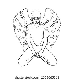 young man sitting on his knees big wings behind him - hand drawn sketch art. angel fallen saint