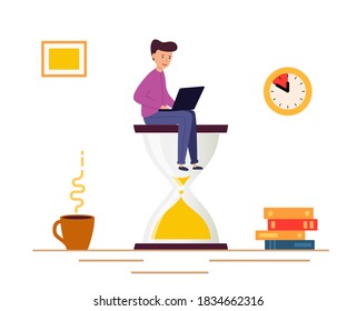 Young Man sitting on an hourglass and works on laptop. Deadline, Business process, rush work. vector illustration in modern flat style isolated on white.